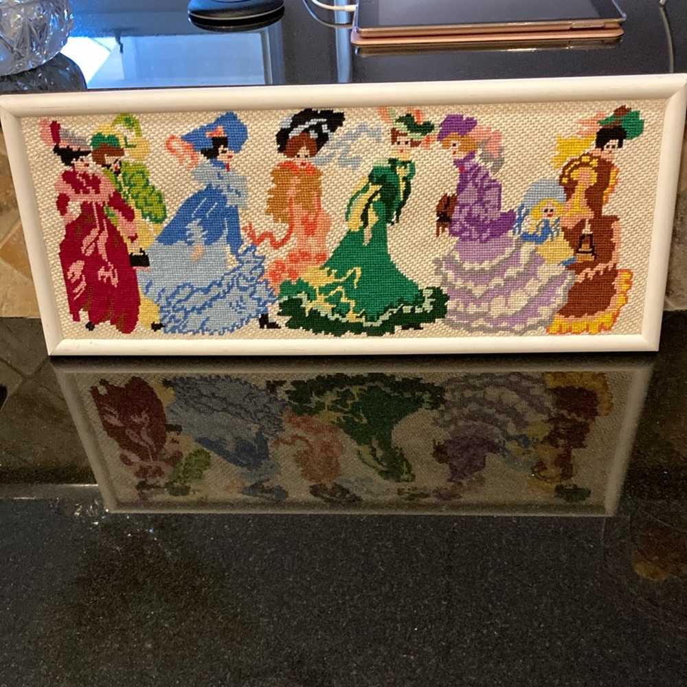 Colorful Needle Point Art in White Frame